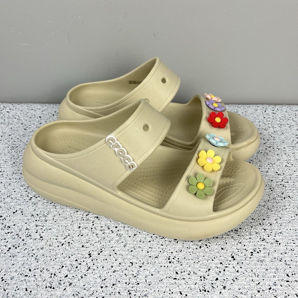 Crocs Crush Platform Sandals Slides Shoes Womens‎ Size 10 Bone w/ Flower Jibbitz